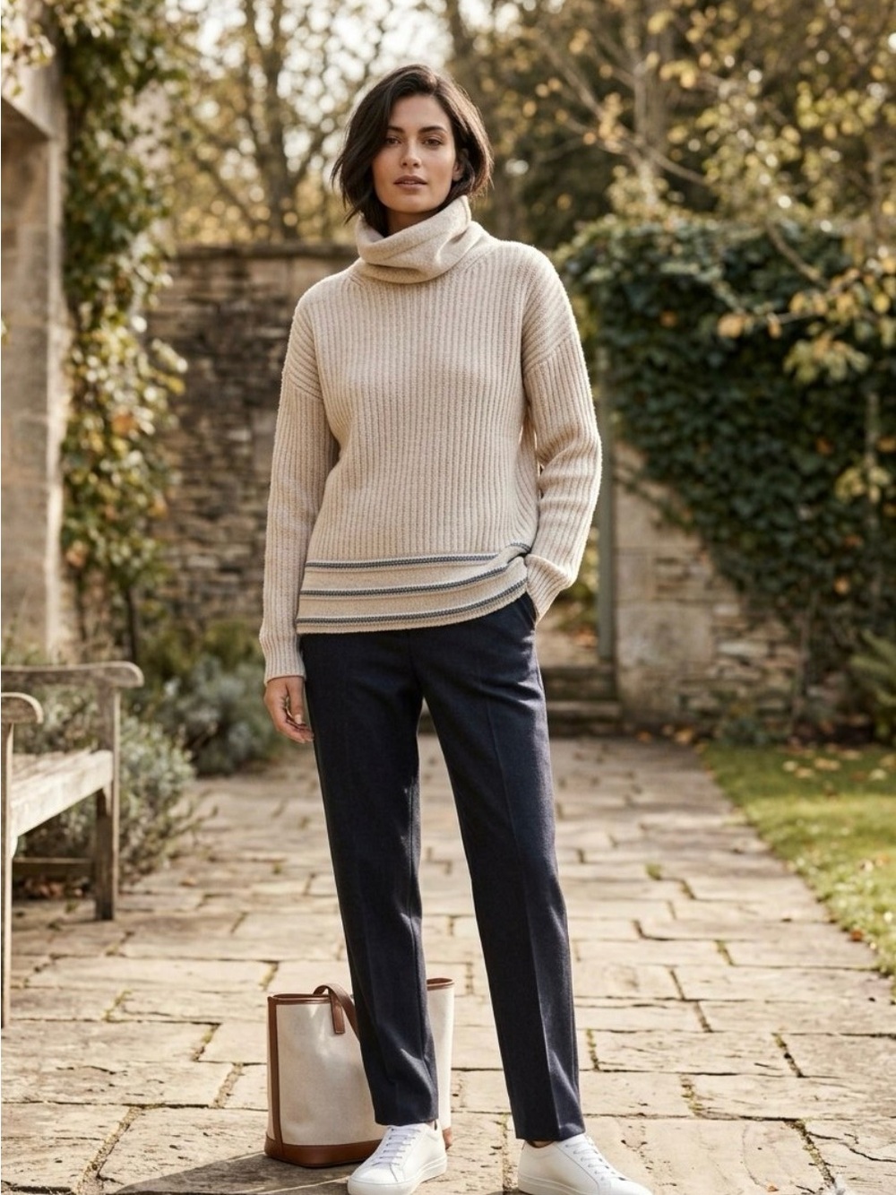 Prana Funnen Loop Sweater Tunic. Cowl Neck Style in Light Taupe with Navy Trim